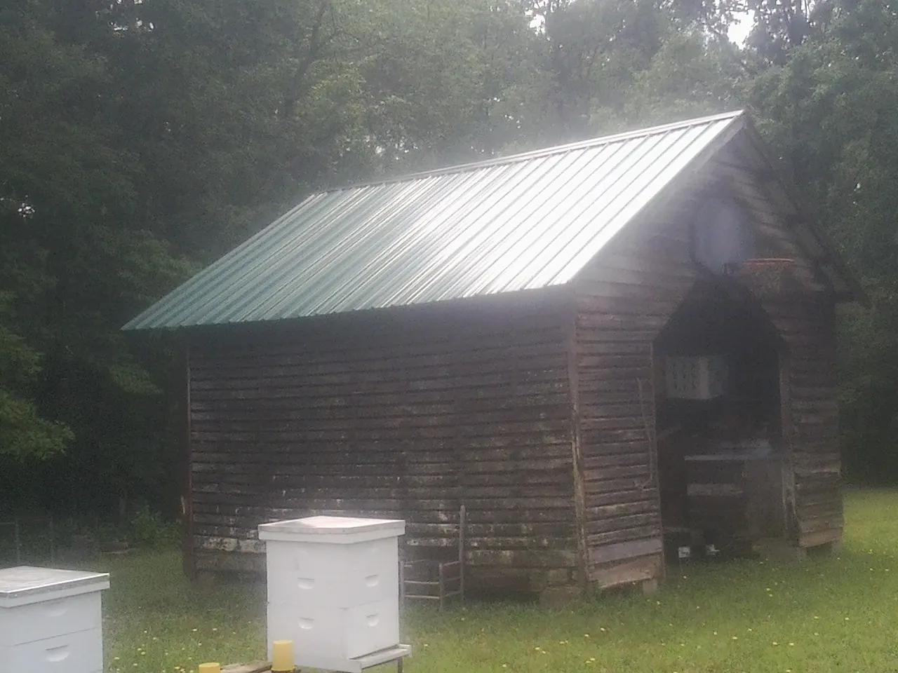 Green metal roof on a weathered barn beside stacked beehives in Lone Oak